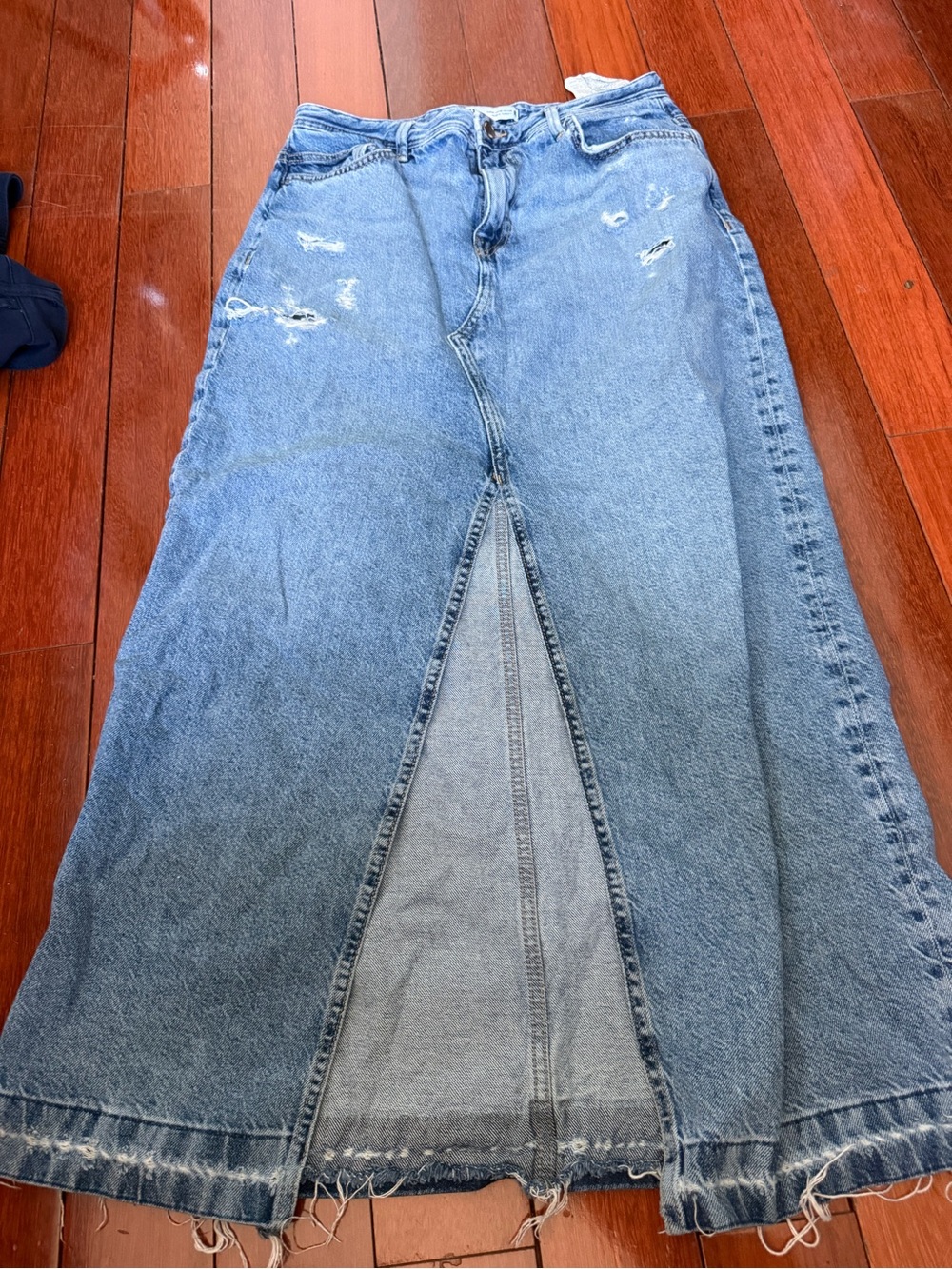 Zara Light Blue Distressed Denim Maxi Skirt with Front Slit